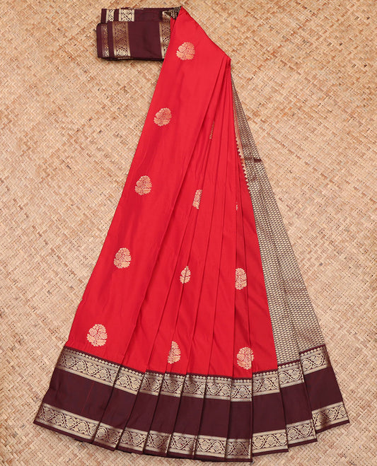 Red Budget Silk Saree, Accentuated with Zari Buttas All Over Its Body, Complemented by a Contrast Traditional Zari Rettai Pettu Border of Floral Creeper Designs, Gleaming Jaal Pallu, and Paired with a Contrast Blouse