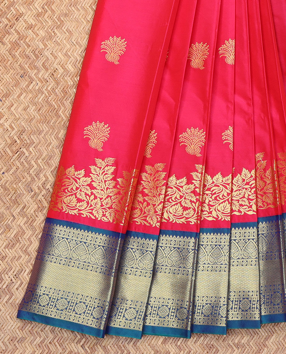Pink Budget Silk Saree, Showcasing Zari Buttas All Over Its Body, Complemented by a Contrast Traditional Zari Design Border, Jaal-Patterned Pallu, and Paired with a Contrast Blouse