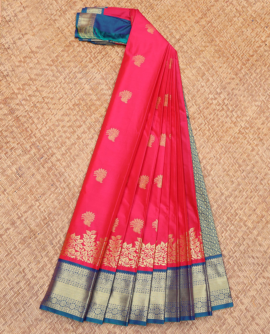 Pink Budget Silk Saree, Showcasing Zari Buttas All Over Its Body, Complemented by a Contrast Traditional Zari Design Border, Jaal-Patterned Pallu, and Paired with a Contrast Blouse