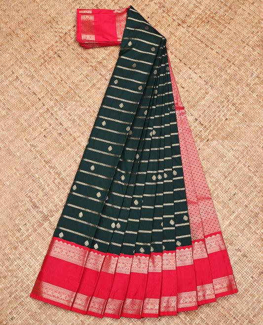 Green Budget Silk Saree, Embellished with Zari Buttas and Stripes All Over Its Body, Complemented by a Contrast Traditional Zari Design Rettai Pettu Border, Grand Jaal Pallu, and Paired with a Contrast Blouse