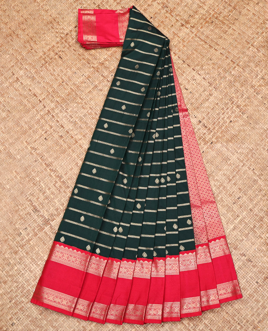 Green Budget Silk Saree, Embellished with Zari Buttas and Stripes All Over Its Body, Complemented by a Contrast Traditional Zari Design Rettai Pettu Border, Grand Jaal Pallu, and Paired with a Contrast Blouse