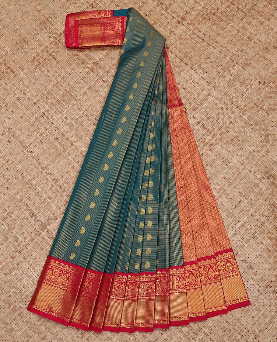 Blue Budget Silk Saree, Opulently Embellished with Zari Buttas and Checks on Its Body, Complemented by a Contrast Traditional Zari Design Border, Grand Jaal Pallu, and Paired with a Contrast Blouse