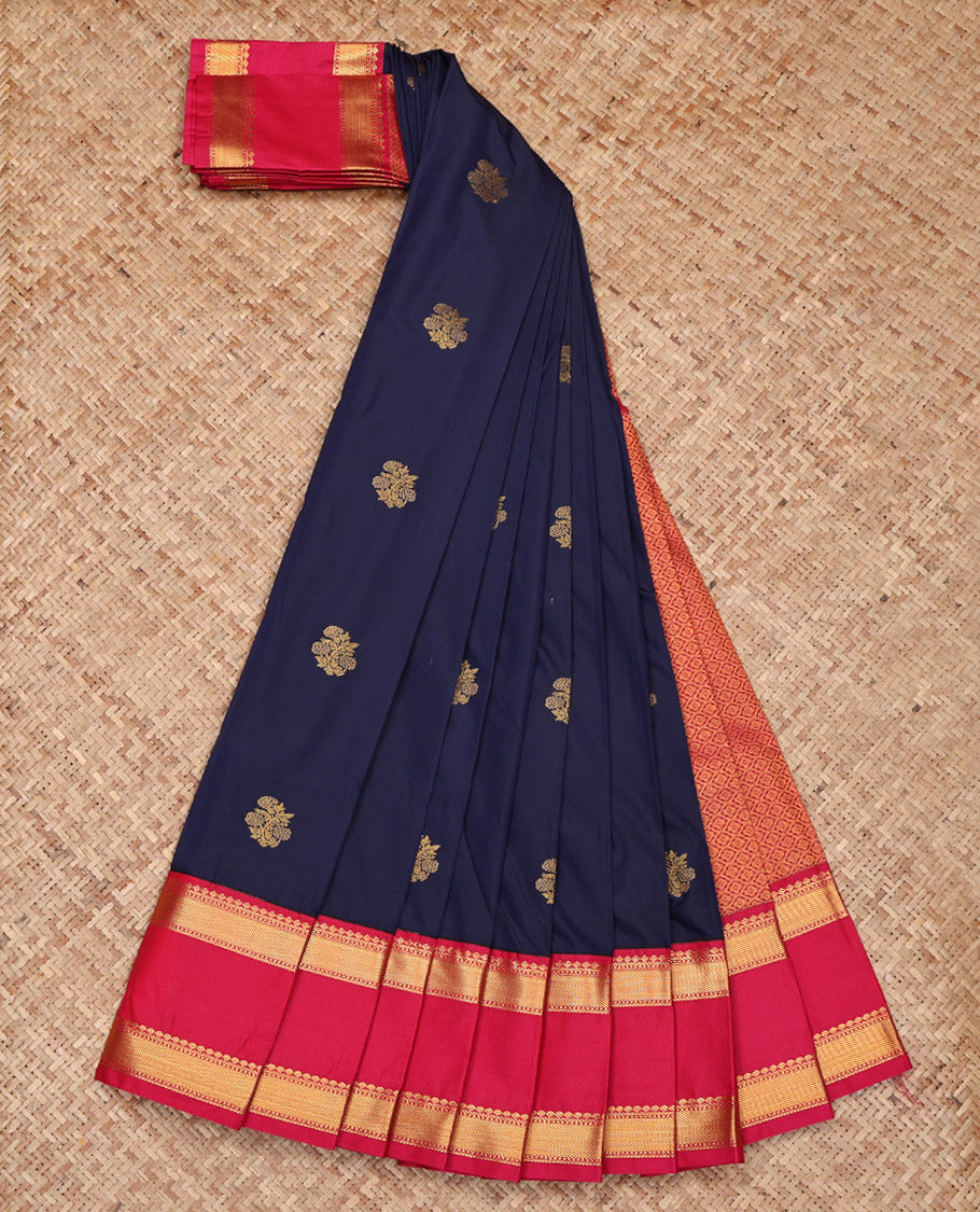 Navy Blue Budget Silk Saree, Detailed with Floral Buttas on Its Body, Complemented by a Contrast Traditional Zari Design Rettai Pettu Border, Pallu of Jaal Designs, and Paired with a Contrast Blouse