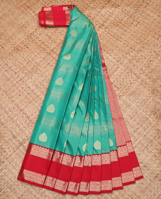 Green Budget Silk Saree, Decorated with Zari Buttas and Stripes, Complemented by a Contrast Traditional Zari Design Rettai Pettu Border, Grand Pallu, and a Contrast Blouse