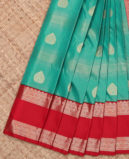 Green Budget Silk Saree, Decorated with Zari Buttas and Stripes, Complemented by a Contrast Traditional Zari Design Rettai Pettu Border, Grand Pallu, and a Contrast Blouse