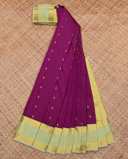 Purple Budget Silk Saree, Graced with Zari Buttas, Complemented by Contrast Traditional Rettai Pettu Border, Grand Pallu and a Contrast Blouse