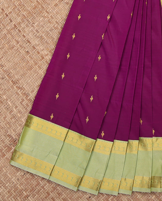 Purple Budget Silk Saree, Graced with Zari Buttas, Complemented by Contrast Traditional Rettai Pettu Border, Grand Pallu and a Contrast Blouse