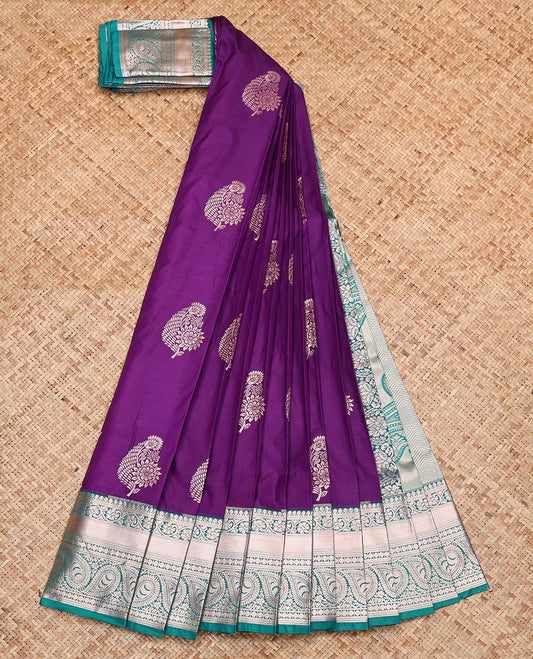 Purple Budget Silk Saree, Mesmerized with Zari Buttas, Complemented by a Contrast Traditional Zari Border, Pallu of Paisleys, and a Contrast Blouse