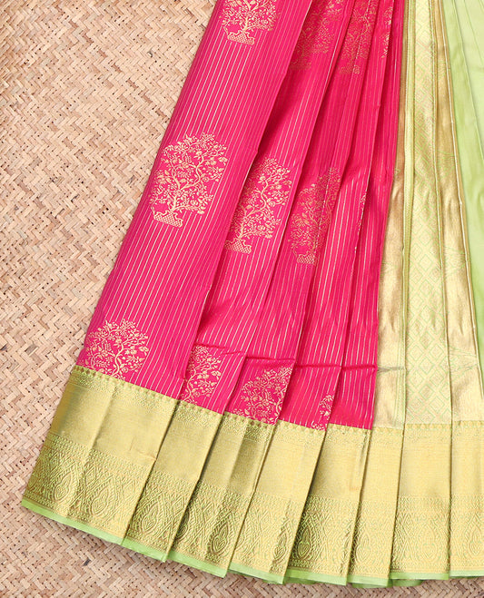 Rani Pink Budget Silk Saree, Decked Up with Zari Buttas and Stripes, Contrast Traditional Zari Border, Jaal Pallu, and a Contrast Blouse