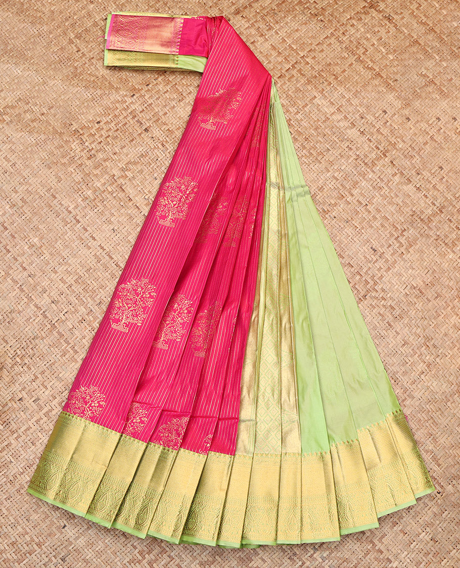 Rani Pink Budget Silk Saree, Decked Up with Zari Buttas and Stripes, Contrast Traditional Zari Border, Jaal Pallu, and a Contrast Blouse
