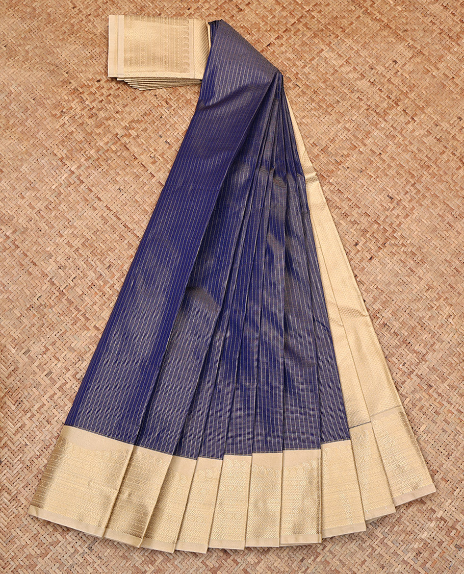 Blue Budget Silk Saree, Adorned with Zari Checks, Complemented by Contrast Traditional Zari Border, Subtly Sparkled Pallu, and a Contrast Blouse