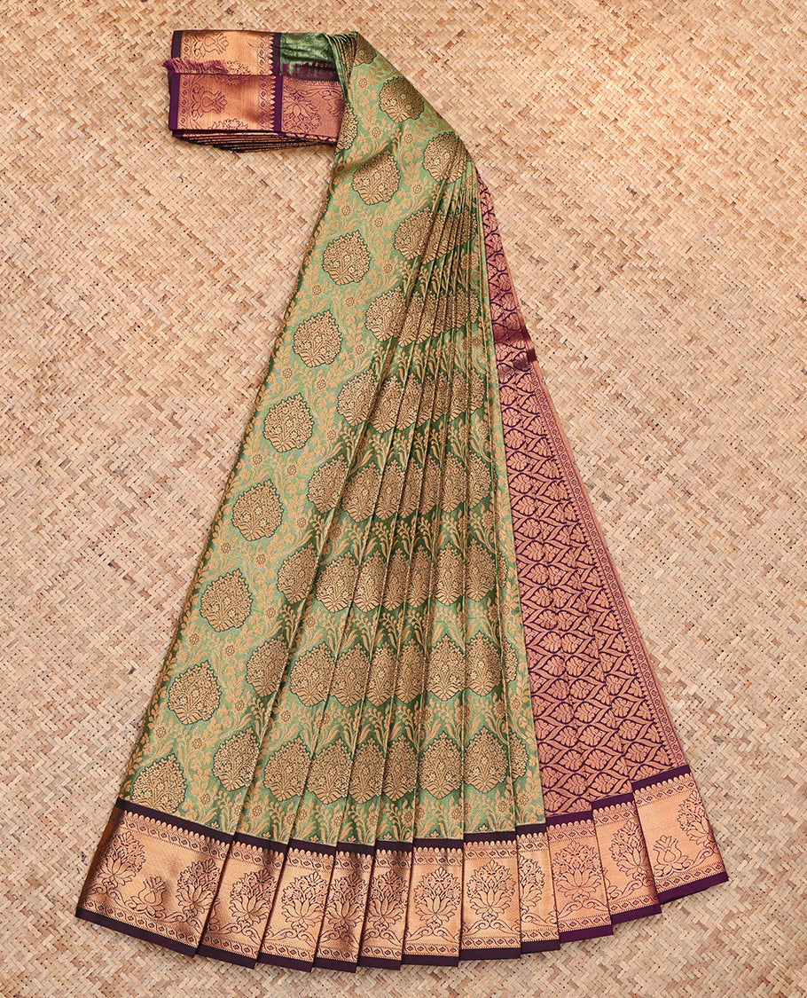 Green Budget Silk Saree, Prettified with Jacquard, Complemented by a Contrast Traditional Zari Border, Grand Pallu, and a Contrast Blouse