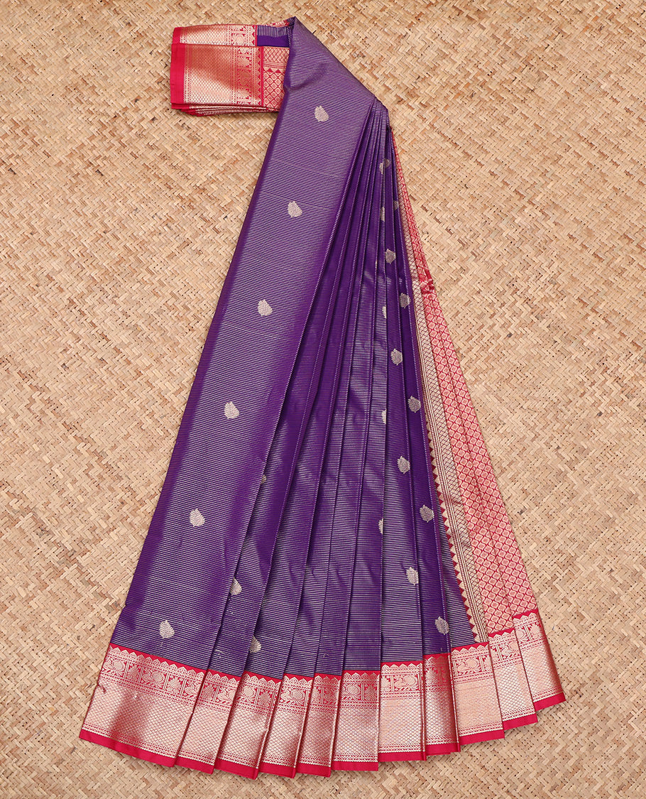 Violet Budget Silk Saree, Crafted with Zari Butta and Stripes, Complemented by a Contrast Traditional Zari Border, Jaal Pallu, and a Contrast Blouse