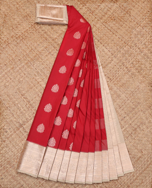 Red Budget Silk Saree, Enriched with Zari Buttas, Complemented by a Contrast Traditional Zari Border, Grand Pallu, and Contrast Blouse