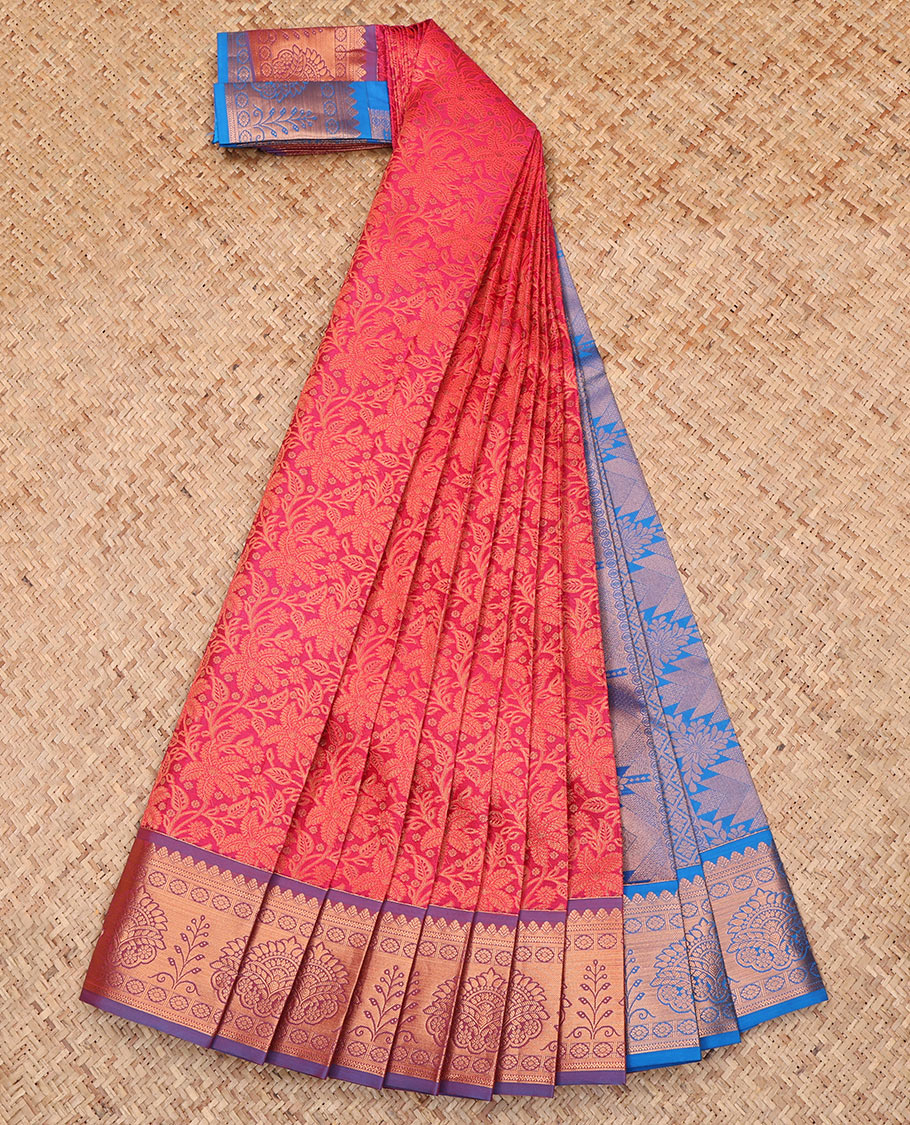 Red Budget Silk Saree, Decked Up with a Jacquard Design, Complemented by a Contrast Traditional Zari Border, Jaal Pallu, and Contrast Blouse