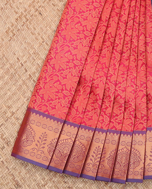 Red Budget Silk Saree, Decked Up with a Jacquard Design, Complemented by a Contrast Traditional Zari Border, Jaal Pallu, and Contrast Blouse