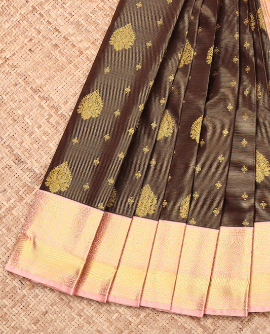 Brown Budget Silk Saree, Bedecked with Zari Buttas and Stripes, Complemented by a Contrast Traditional Border, Intricate Pallu, and Contrast Blouse
