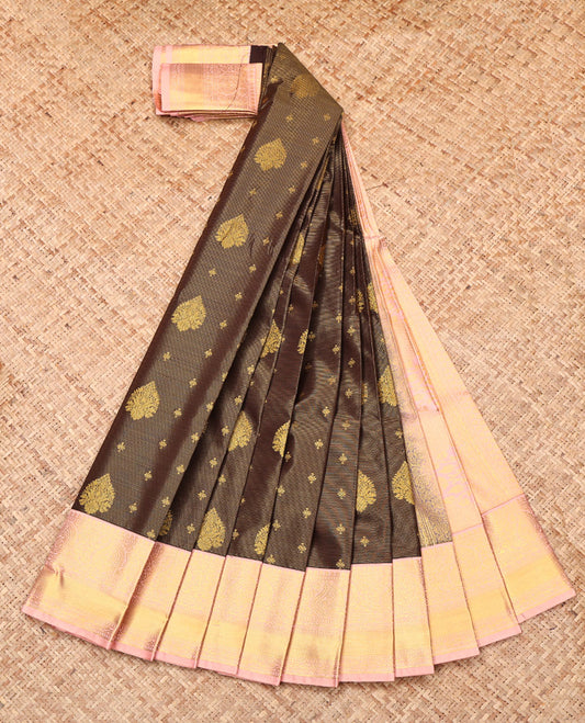 Brown Budget Silk Saree, Bedecked with Zari Buttas and Stripes, Complemented by a Contrast Traditional Border, Intricate Pallu, and Contrast Blouse
