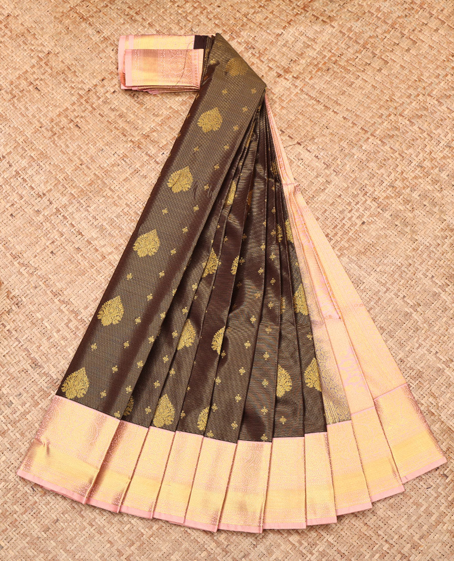 Brown Budget Silk Saree, Bedecked with Zari Buttas and Stripes, Complemented by a Contrast Traditional Border, Intricate Pallu, and Contrast Blouse