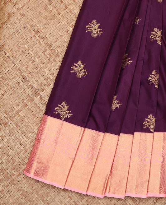 Violet Budget Silk Saree, Elevated with Zari Buttas, Complemented by a Contrast Traditional Zari Border, Intricate Pallu, and a Contrast Blouse