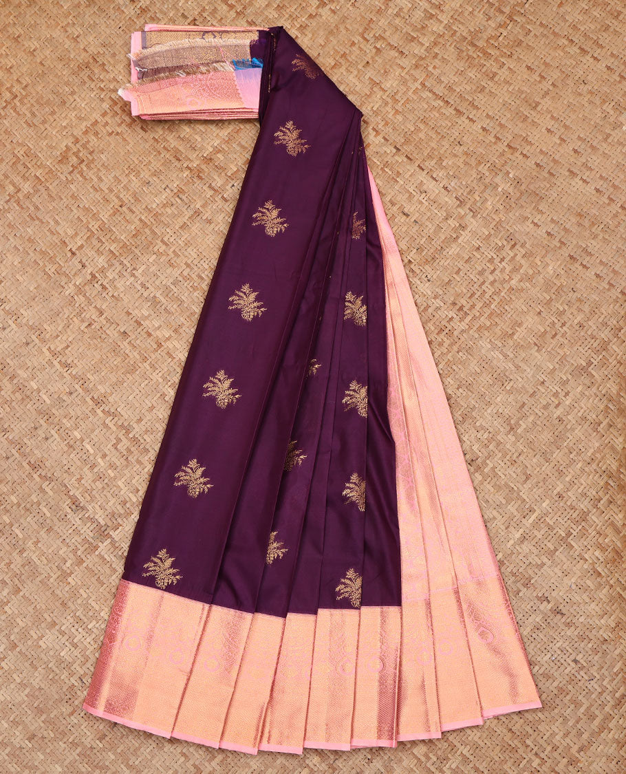 Violet Budget Silk Saree, Elevated with Zari Buttas, Complemented by a Contrast Traditional Zari Border, Intricate Pallu, and a Contrast Blouse