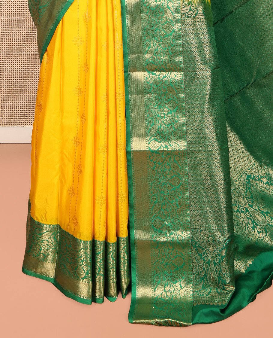 Yellow Budget Silk Saree, Subtly Sparkled with Zari Buttas, Complemented by a Contrast Traditional Border, Pallu of Intricate Designs, and a Contrast Blouse