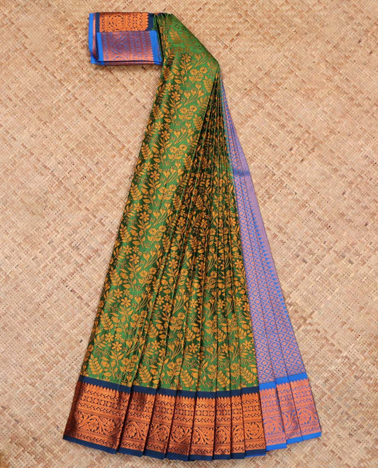Green Budget Silk Saree, Styled with Floral Jacquard Design, Complemented by Contrast Traditional Zari Border, a Jaal Pallu and a Contrast Blouse