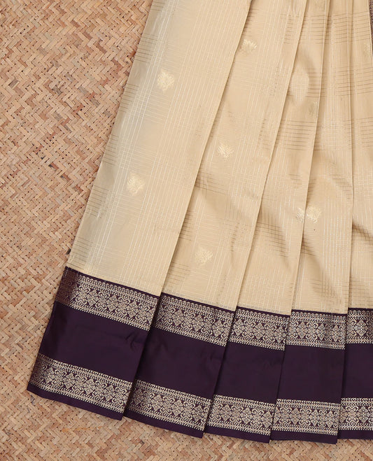 Sandal Budget Silk Saree, Crafted with Zari Buttas and Stripes, Complemented by Contrast Traditional Rettai Pettu Border, a Jaal Pallu and a Contrast Blouse