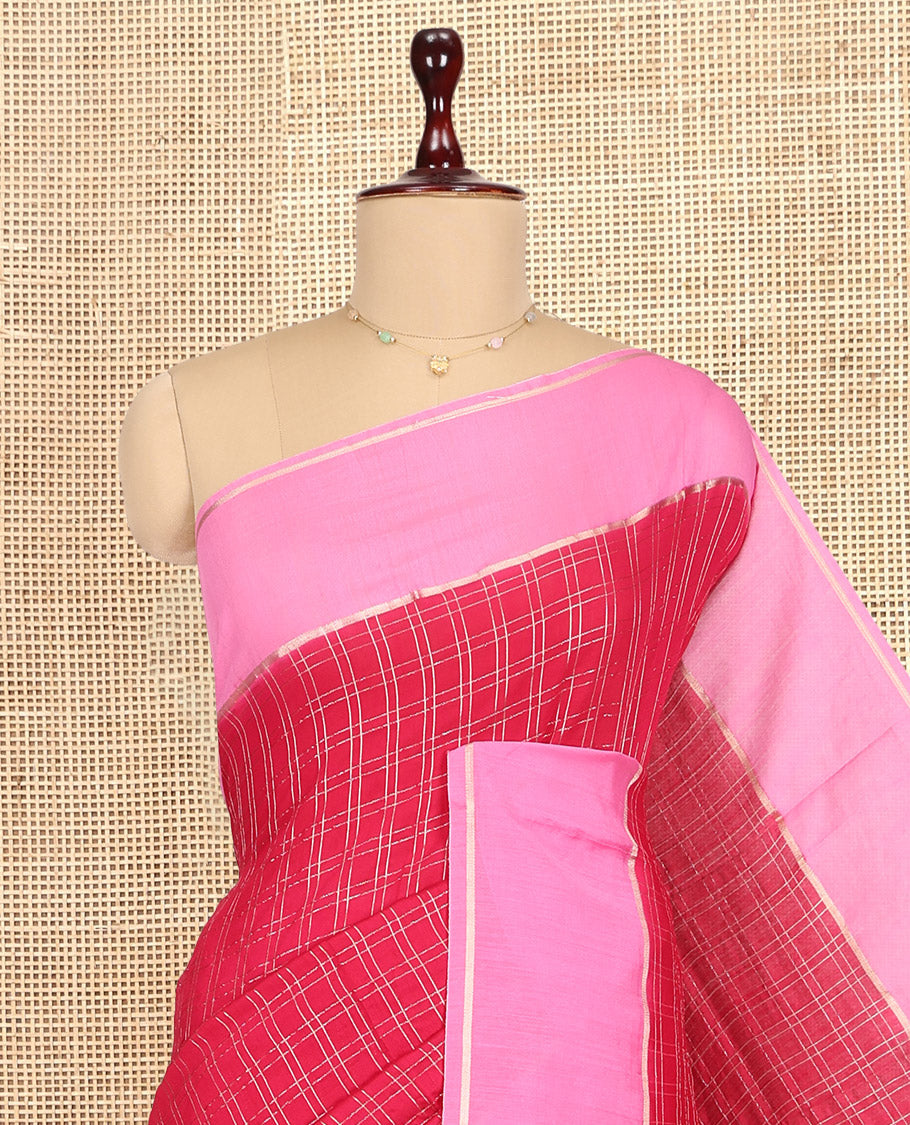 Red Assam Silk Saree, Styled with Zari Checks, Complemented by Contrast Zari Border,  Zari Striped Pallu, and Contrast Blouse