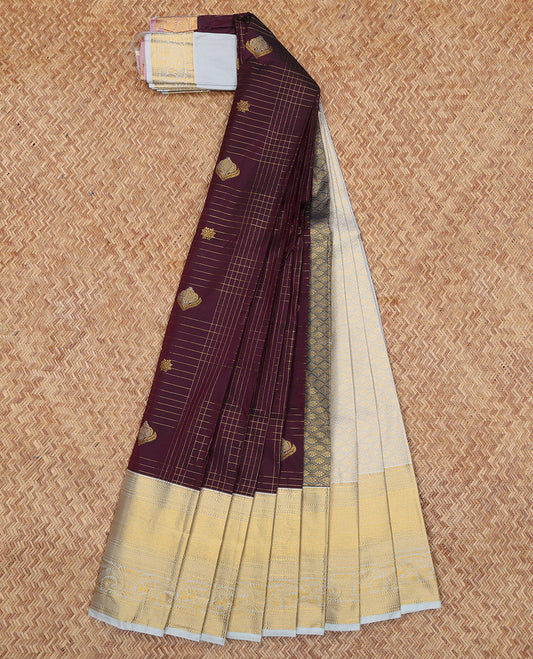 Wine Budget Silk Saree, Enriched with Zari Butta Enclosed Checks, Complemented by a Contrast Traditional Zari Border, Grand Jaal Pallu, and Contrast Blouse