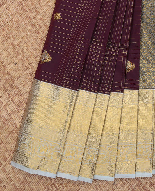 Wine Budget Silk Saree, Enriched with Zari Butta Enclosed Checks, Complemented by a Contrast Traditional Zari Border, Grand Jaal Pallu, and Contrast Blouse