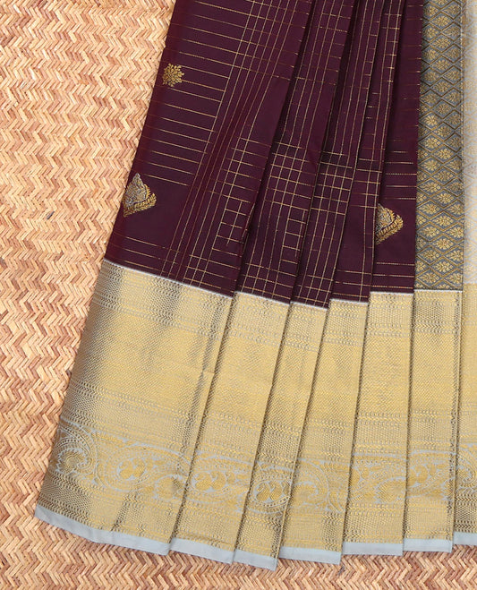 Wine Budget Silk Saree, Enriched with Zari Butta Enclosed Checks, Complemented by a Contrast Traditional Zari Border, Grand Jaal Pallu, and Contrast Blouse