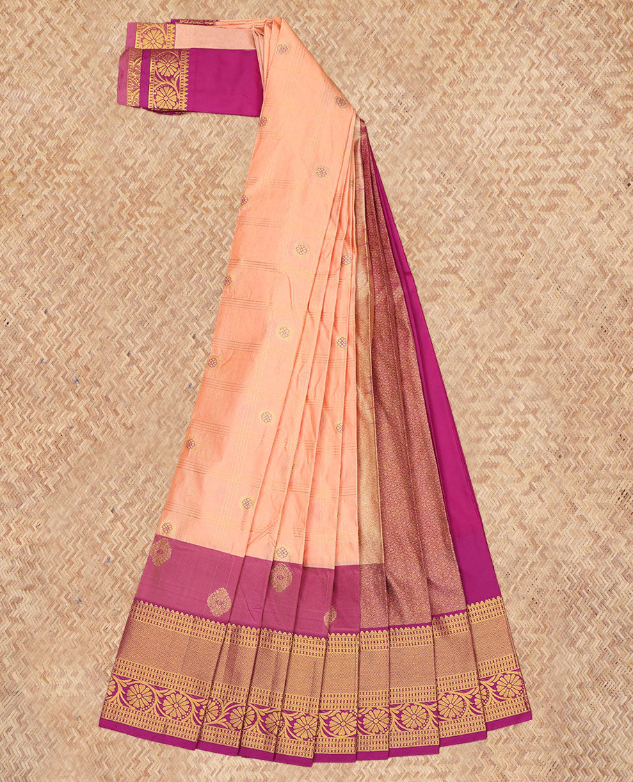 Sandal Budget Silk Saree, Elevated with Zari Buttas Enclosed Checks, a Contrast Traditional Zari Border, Grand Pallu, and a Contrast Blouse