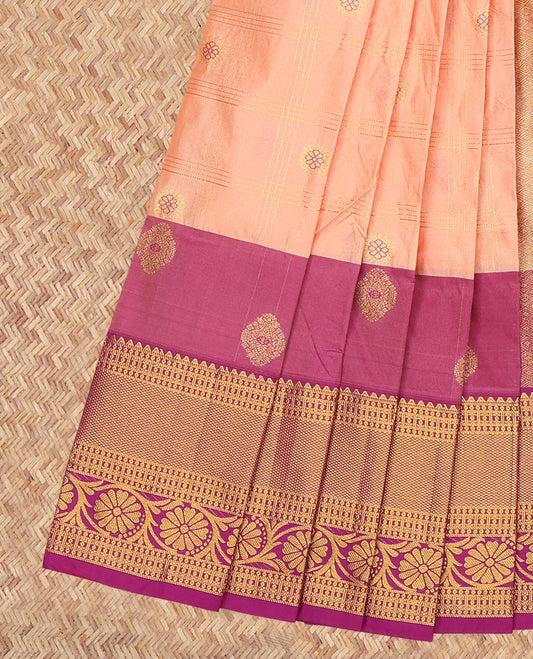 Sandal Budget Silk Saree, Elevated with Zari Buttas Enclosed Checks, a Contrast Traditional Zari Border, Grand Pallu, and a Contrast Blouse