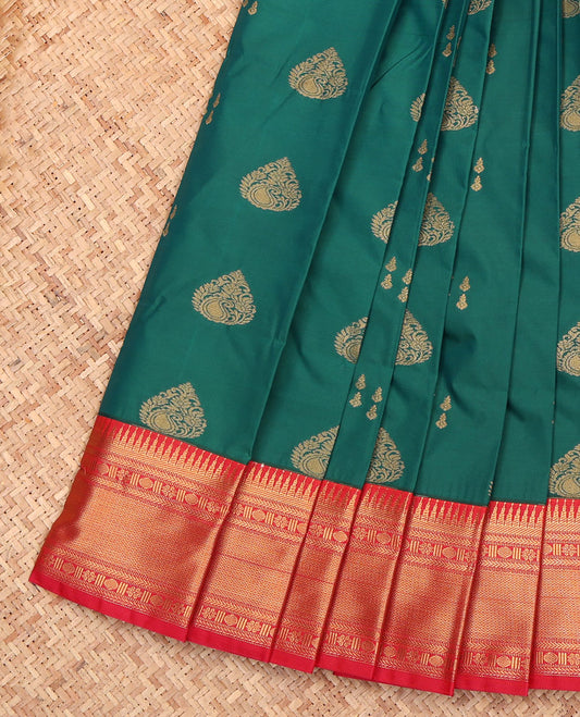 Green Budget Silk Saree, Woven with Zari Buttas, a Contrast Traditional Rettai Pettu Border, Intricate Pallu, and a Contrast Blouse