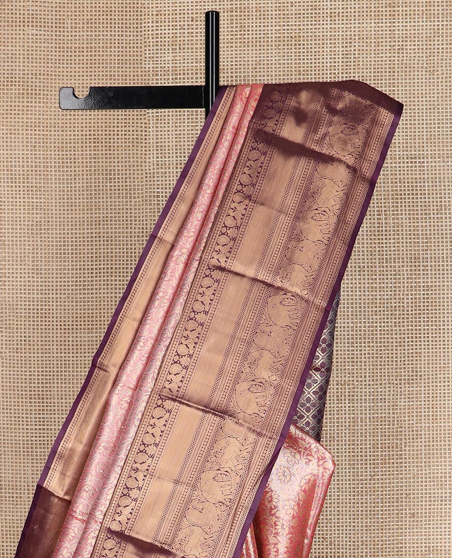 Pink floral vine jacquard budget silk saree, contrast traditional zari border, and jaal pallu
