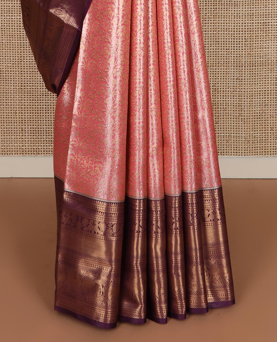 Pink floral vine jacquard budget silk saree, contrast traditional zari border, and jaal pallu