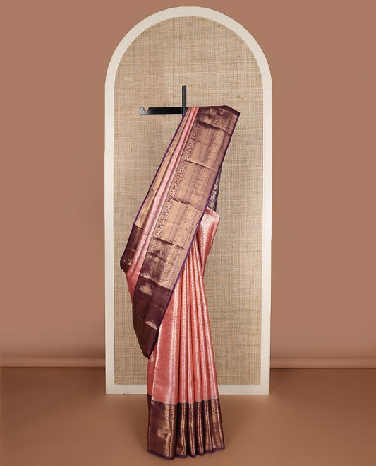 Pink floral vine jacquard budget silk saree, contrast traditional zari border, and jaal pallu