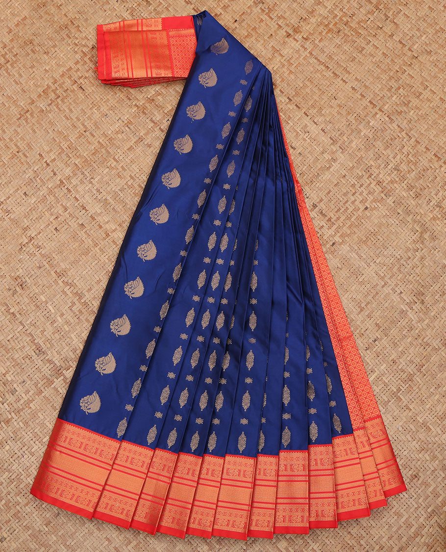 Blue Budget Silk Saree, Delicately Woven with Zari Buttas, a Contrast Traditional Zari Border, Jaal Pallu, and a Contrast Blouse