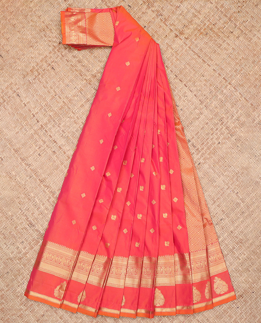 Orange-Pink Diamond Peacock Butta Budget Silk Saree