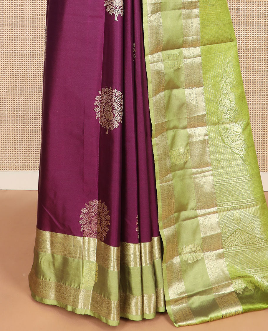 Maroon zari buttas budget silk saree, contrast traditional zari border, and intricate pallu
