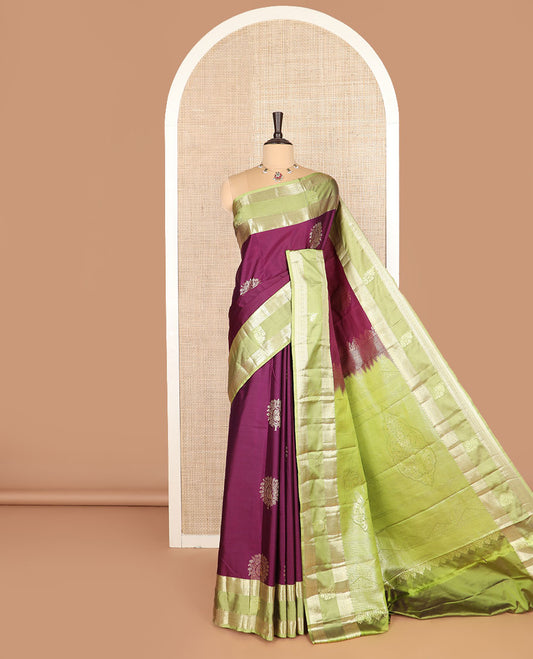 Maroon zari buttas budget silk saree, contrast traditional zari border, and intricate pallu