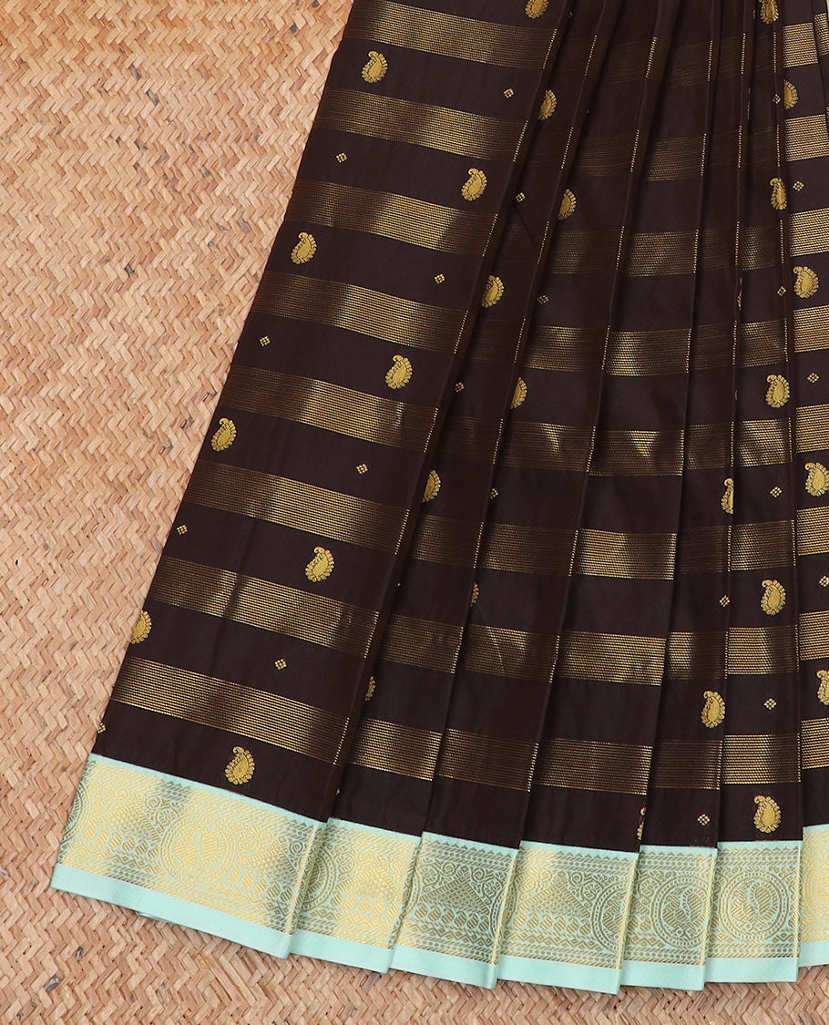 Brown zari buttas and striped gift saree, contrast traditional zari design border, and intricate pallu