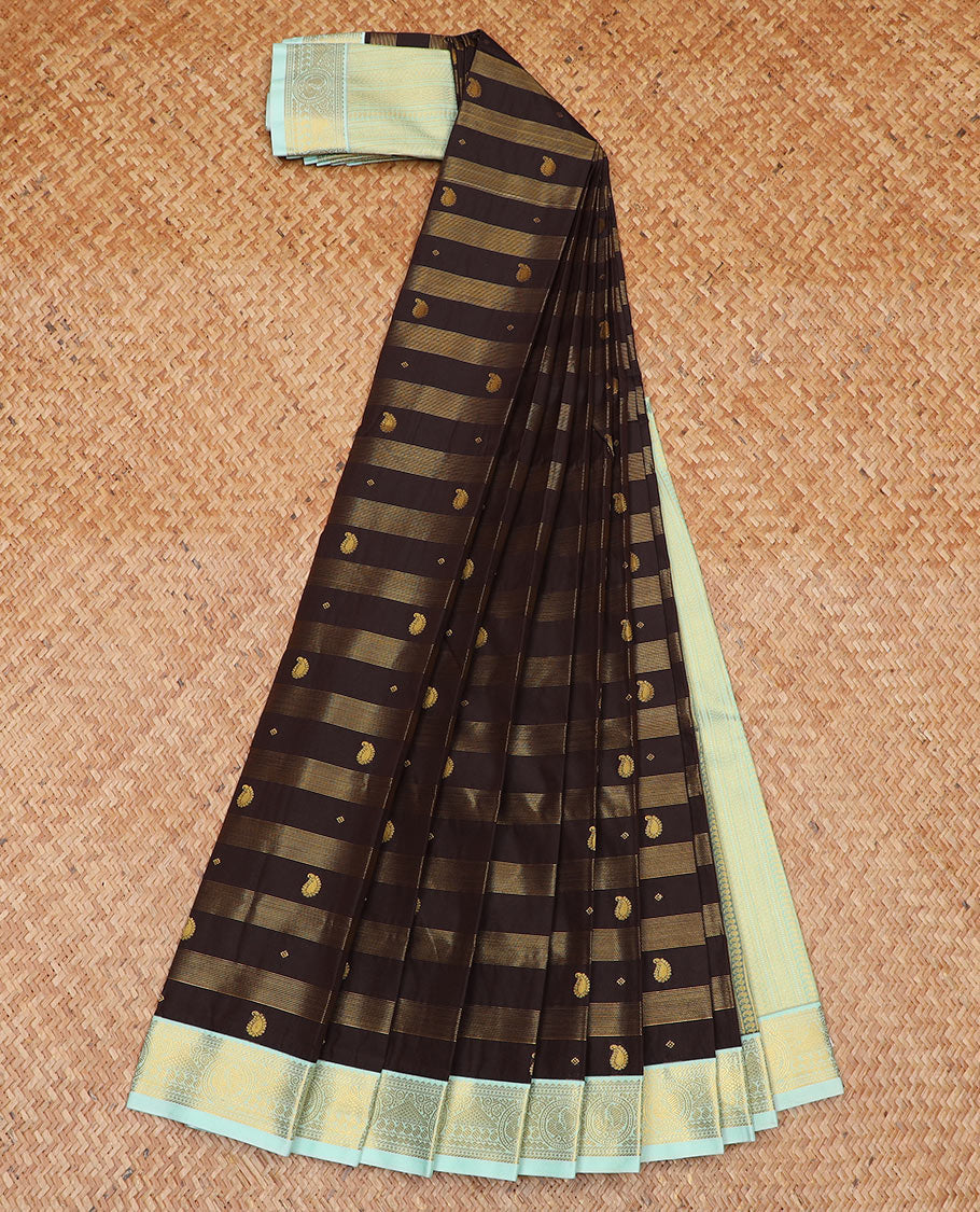 Brown zari buttas and striped gift saree, contrast traditional zari design border, and intricate pallu