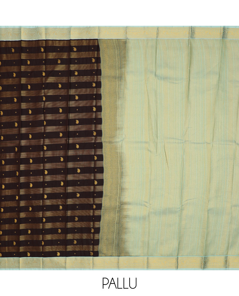 Brown zari buttas and striped gift saree, contrast traditional zari design border, and intricate pallu