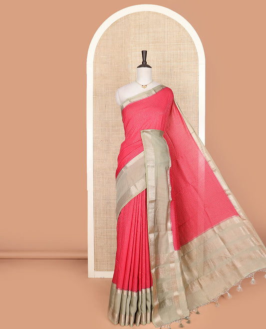 Red micro-checked assam silk saree, contrast traditional zari design border, and zari striped pallu