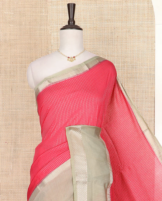 Red micro-checked assam silk saree, contrast traditional zari design border, and zari striped pallu
