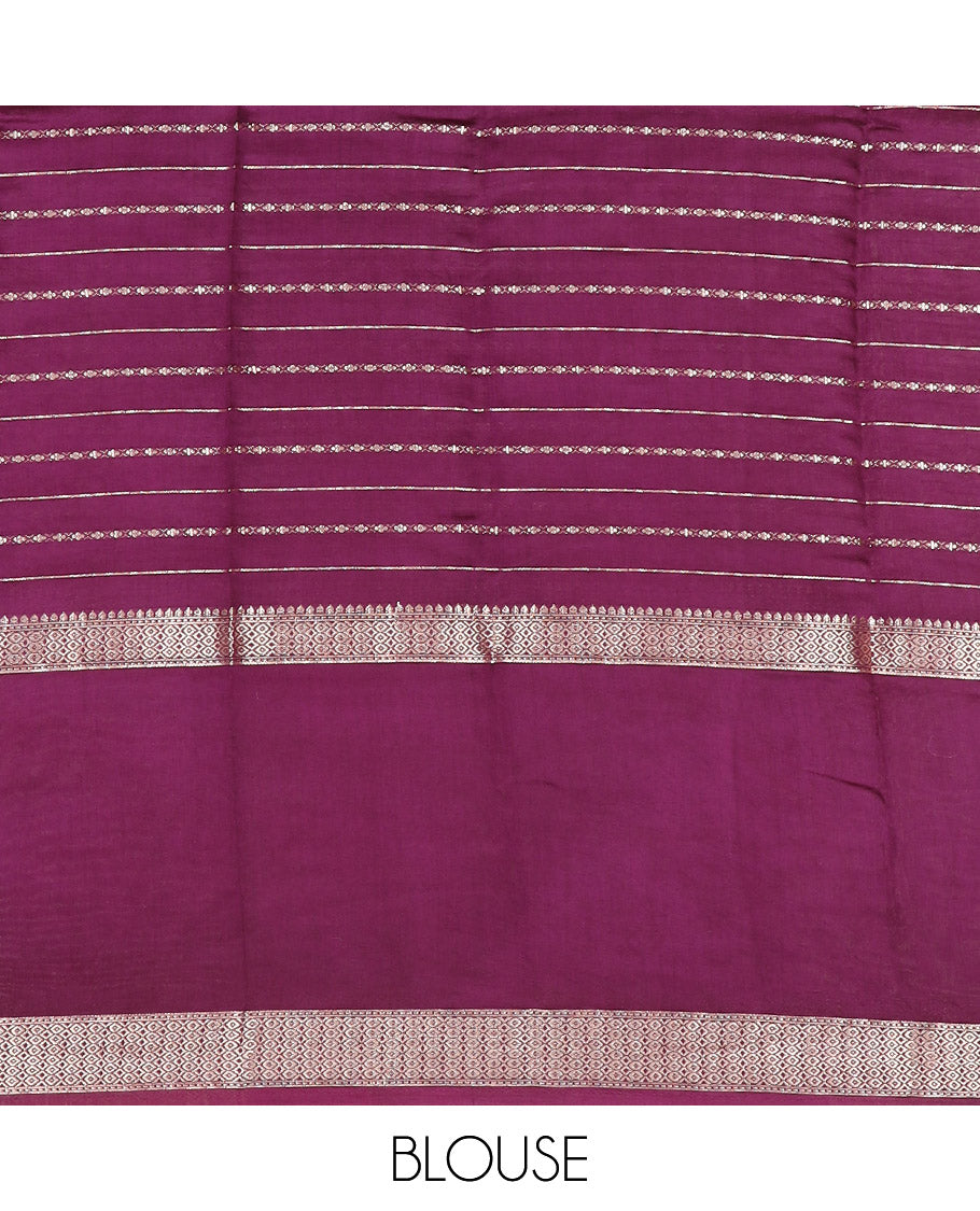 Onion pink zari design woven Assam silk saree, contrast double-sided big border of traditional zari designs, and zari striped pallu