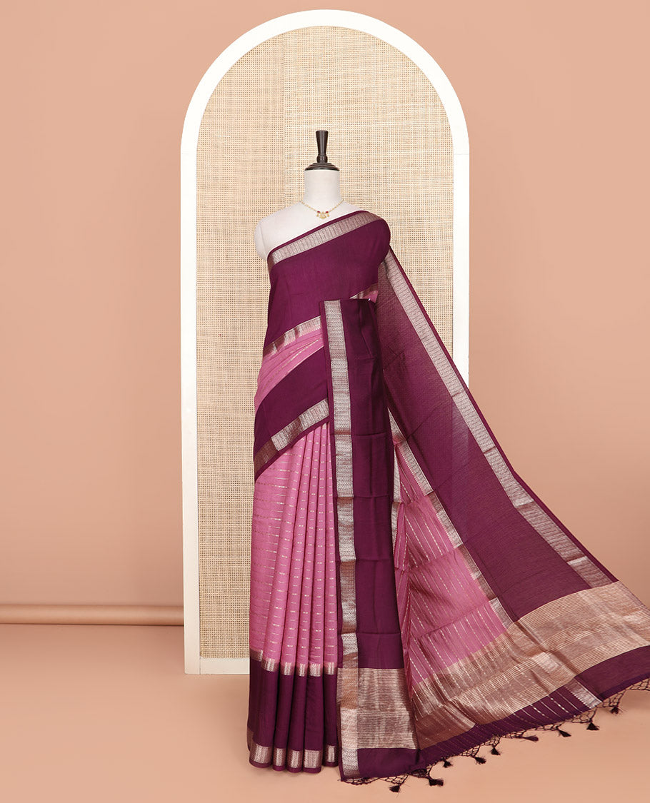 Onion pink zari design woven Assam silk saree, contrast double-sided big border of traditional zari designs, and zari striped pallu