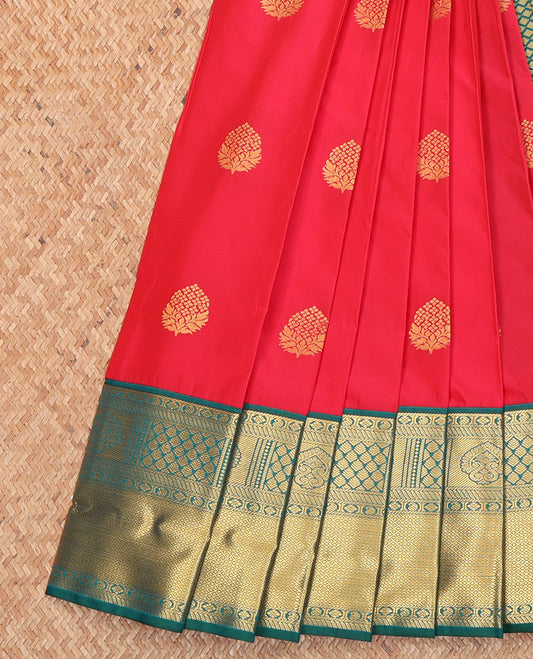 Red Budget Silk Saree, Bedecked with Zari Buttas on Its Body, Complemented by Contrast Traditional Zari Design Border, a Gracefully Embellished Pallu, and Paired with a Contrast Blouse